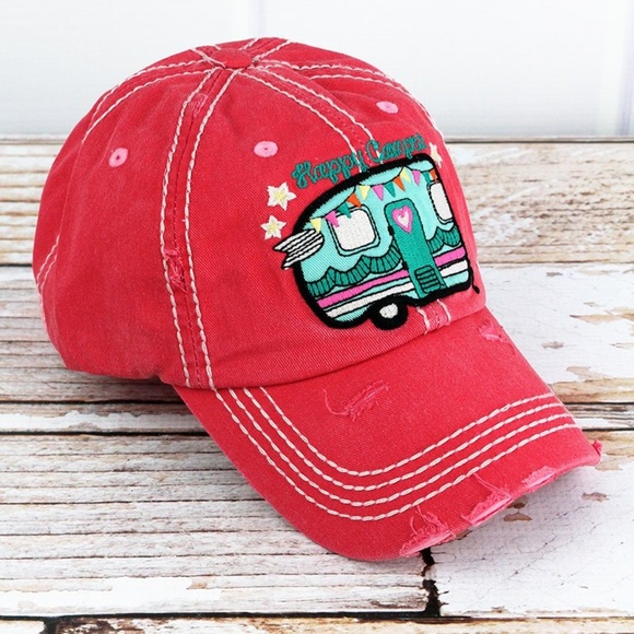 NWT Distressed Salmon "Happy Camper" Cap - Picture 2 of 3